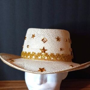 Womens Size Medium Gold Embellished Fedora Hat, by Hats by Sue, Scottsdale AZ.
